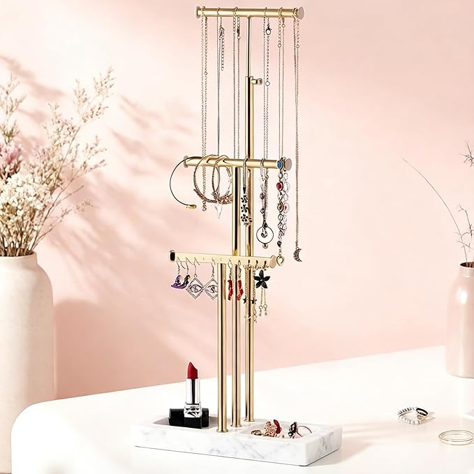 Love-KANKEI Jewelry Organizer Hanging with Metal and Wood Base, Necklace Holder with 3 Tier Tree Jewelry holder stand for Bracelets Earrings Rings,Height Adjustable Gift White and Gold