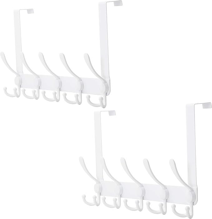Dseap Over The Door Hook Hanger - Fits 1 3/8" to 1 3/4" Standard Doors | 5 Tri Hooks Heavy Duty Towel/Coat Rack | Door Organizer for Clothes, Jackets, Hats, Towels, White, Pack of 2