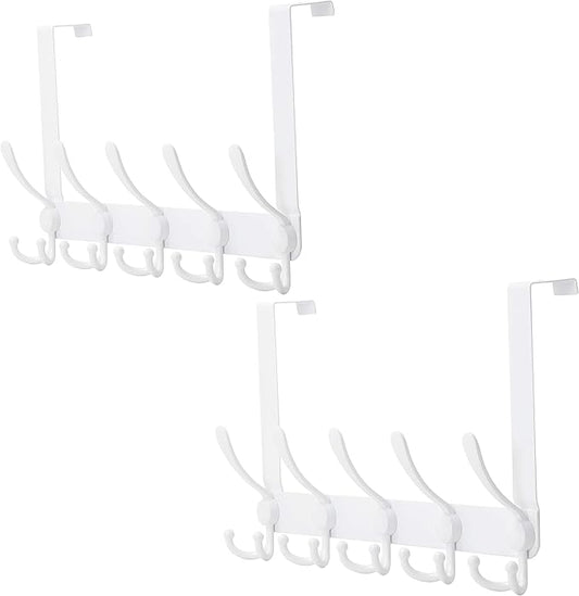 Dseap Over The Door Hook Hanger - Fits 1 3/8" to 1 3/4" Standard Doors | 5 Tri Hooks Heavy Duty Towel/Coat Rack | Door Organizer for Clothes, Jackets, Hats, Towels, White, Pack of 2