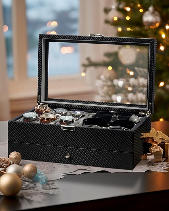 GUKA Watch box, 6 Slot Watch Case, 3 Slot Sunglass Organizer, Watch Cases for men with Real Glass Lid, Watch Organizer storage with Jewelry Case, Birthday for Men and Women,
