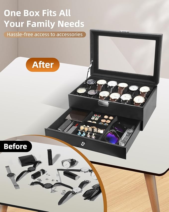Uten 12-Slot Watch Box, 2-Layers PU Leather Watch Case with Glass Lid, Watch Holder Organizer with Soft Pillow and Velvet Lining, Watch and Jewelry Storage Box, Black
