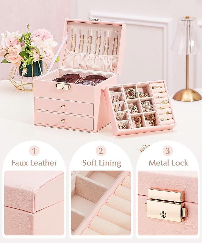 Homde Women Jewelry Box with Lock: 3 Layers Modern Organizer - Pink Storage for Ring Necklace Earring - Birthday Christmas Gifts for Girls