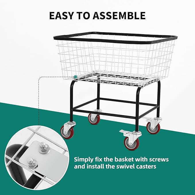 Wire Laundry Cart wtih Wheels, 2.5 Bushel Rolling Laundry Basket, Commercial Basket Carts for Laundry Room, Hotel, Home, Apartment Use, Durable Steel Frame with Galvanized Finish, 5" Casters