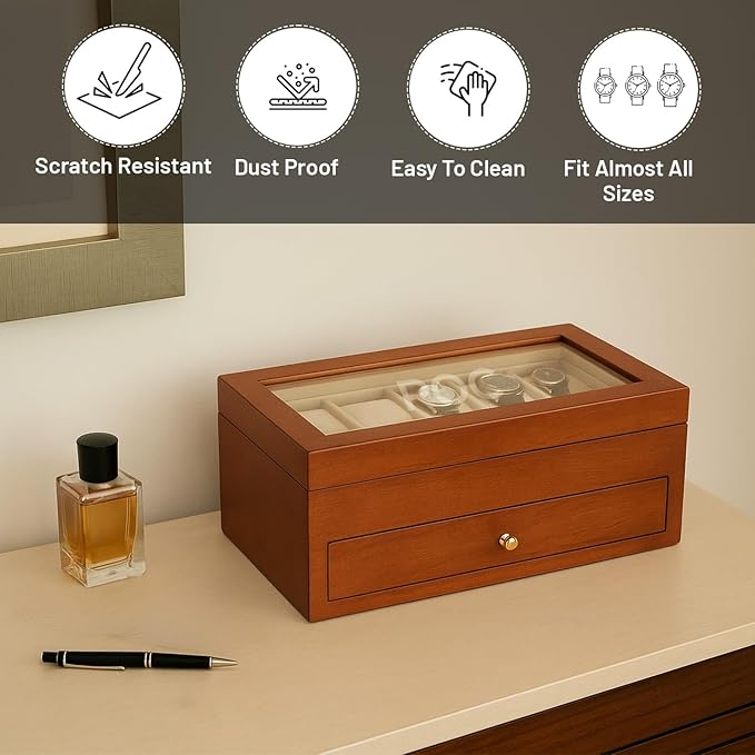 Bey-Berk Personalized Bosh Cherry Wood 20-Slot Watch Box, Glass-Top Solid Wood Watch Display Case with Drawer and Velour-Lined Cushions, 14.75" x 8.5" x 6.5"