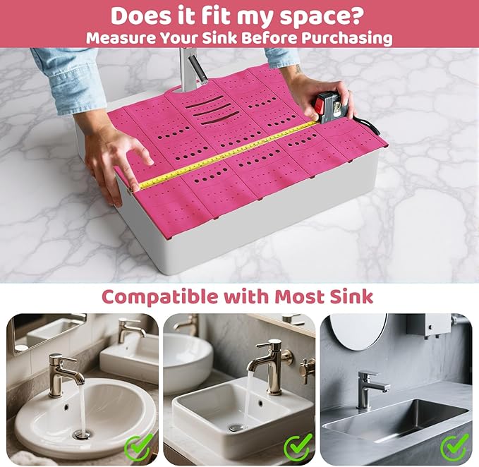 Bathroom Sink Cover for Counter Space, Foldable Silicone Sink Mat Makeup Organizer Mat Space Saver, Women’s Gifts for Valentines RV Camper Travel Must Haves Accessories, Pink