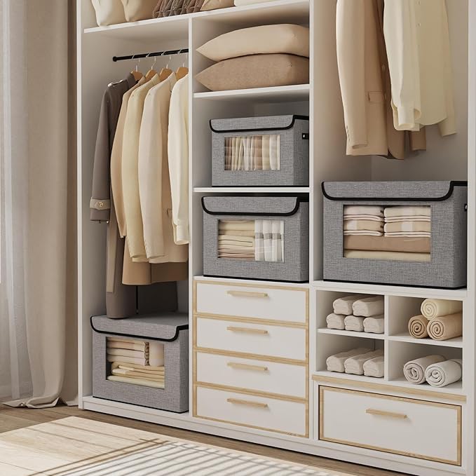 Foldable Storage Baskets with Lids, Fabric Closet Organizers with Handles, 13 x 9.1 x 7.9 Inch Storage Boxes for Shelves, Gray, 5-Pack