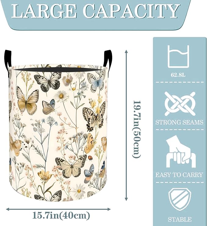 Butterfly Wildflower Botanical Laundry Basket, Dirty Collapsible Clothes Toy Organizer Hamper for Kids Adults, Oxford Cloth Waterproof Storage Bin for Bathroom Home Decor Gifts, 19.7"X15.7"