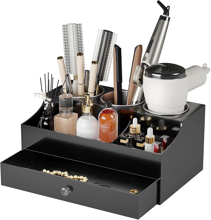 Hair Tool Organizer, Acrylic Hair Blow Dryer Holder Stand for Straightener and Curling Storage, Bathroom Vanity Countertop Organization for Makeup Accessories (Black)