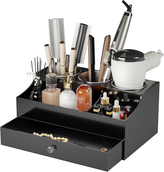 Hair Tool Organizer, Acrylic Hair Blow Dryer Holder Stand for Straightener and Curling Storage, Bathroom Vanity Countertop Organization for Makeup Accessories (Black)