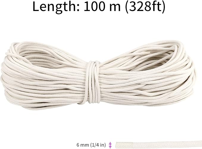 JEUIHAU 328 Feet 1/4 Inch Cotton Rope, 6mm Natural White Clothesline Rope Utility Cord for Clothes Hanging, Crafting, Macrame, Basket Making, and DIY Art Projects
