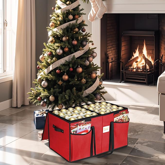 BALEINE Christmas Ornament Storage Box with Dividers, Premium Holiday Ornaments Storage Container Bin for Xmas Decorations (128 Ball, Grey, Without Tray)