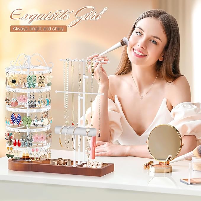 KALYLOC Jewelry Earring Holder Organizer, Adjustable 5 Tiers Rotating Earring Holder 3 Tier Necklace Holder with Wooden Base, Multi-Functional Jewelry Organizer Display Stand for Studs Bracelet Women