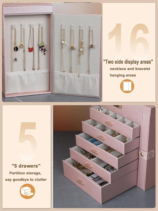 BOOVO Jewelry Box For women, 6 Layer Large Jewelry Organizer With Mirror, Multi-Function Storage Box With Lock, Necklace Holder With 5 Drawers, For Earrings Necklace Bracelet (Rose Gold and Gold)