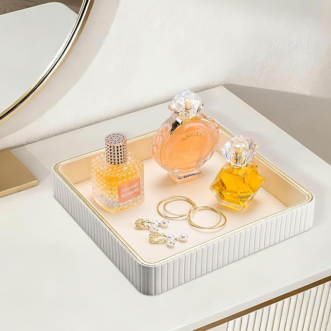 GORESE Square Nightstand Tray Perfume Organizer, Leather Decorative Tray, Purse Bowl Catch All Trays for Trinket Keys, Valet Jewelry Trays for Vanity, Gift for Women & Men, Cream White(9.3'' × 9.3'')
