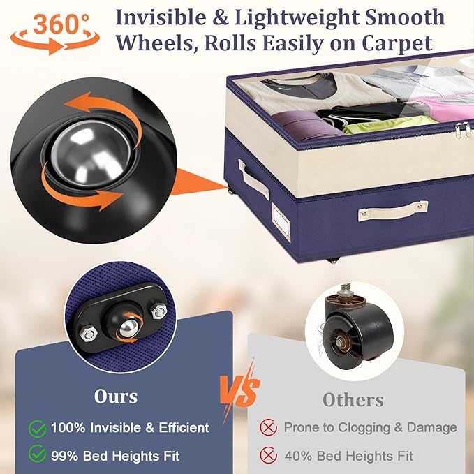 Dolicer 2 Pack Under Bed Storage with Wheels, 6in-10in Height Adjustable Underbed Storage Containers, 92L XXXL Under Bed Drawers Rolling Bin with Clear Lids for Dorm Shoes Clothes Organizers(Blue)