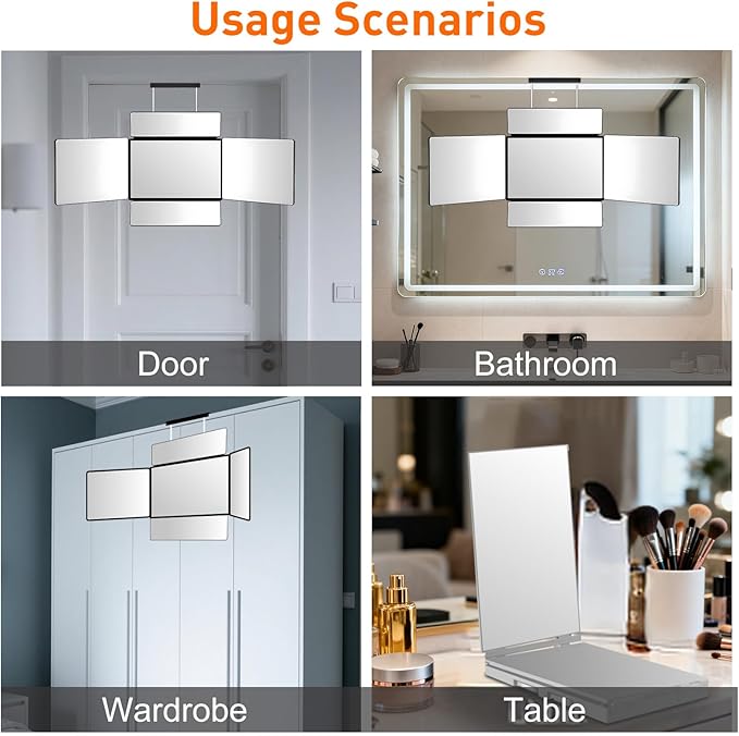 5 Way Mirror for Self Hair Cutting, 360 Haircuts Mirror Men for Barber Use Tools, to See Back of Head, Tri Fold with Portable Height Adjustable Telescoping Hooks