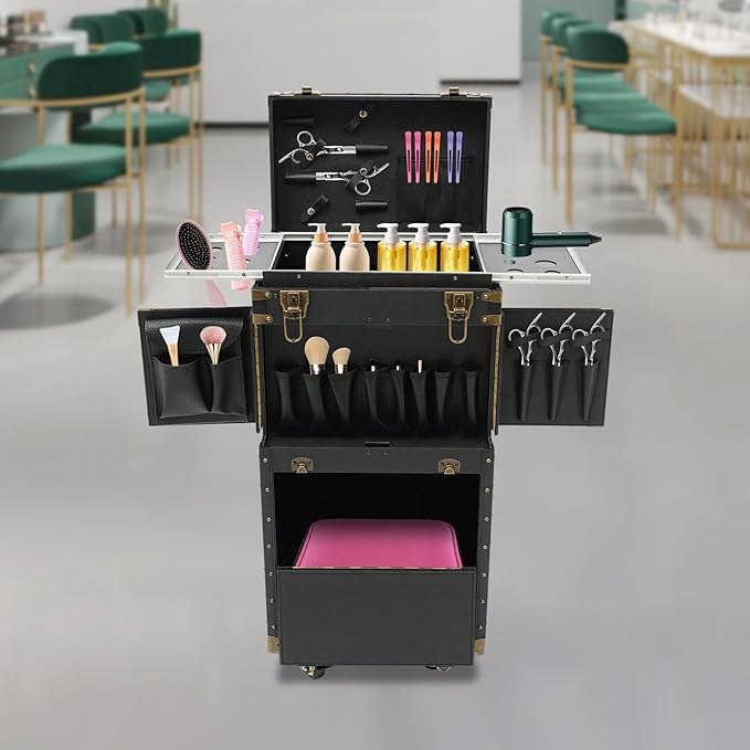 Rolling Hairdressing Case - Professional Makeup Train Case with Dual Password Locks, Cosmetic Organizer for Salon/Barber/Nail Artists (Black)