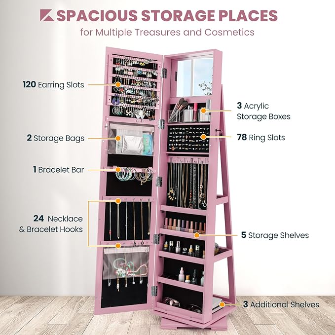 CHARMAID 360° Swivel Jewelry Armoire with Full Length Mirror, Standing Lockable Jewelry Cabinet Organizer, Large Storage Capacity, Inside Makeup Mirror, Back Storage Shelves (Pink)