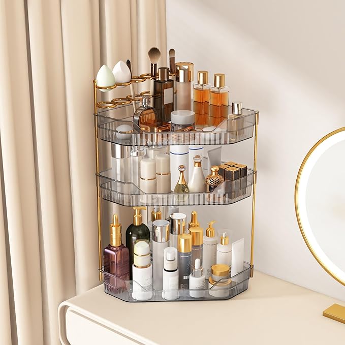 Corner Bathroom Counter Organizer with Makeup Brush Holder & Toothbrush Holders, Makeup Organizer for Vanity Countertop, Acrylic Skincare Storage Shelf (Grey, 3-Tier)