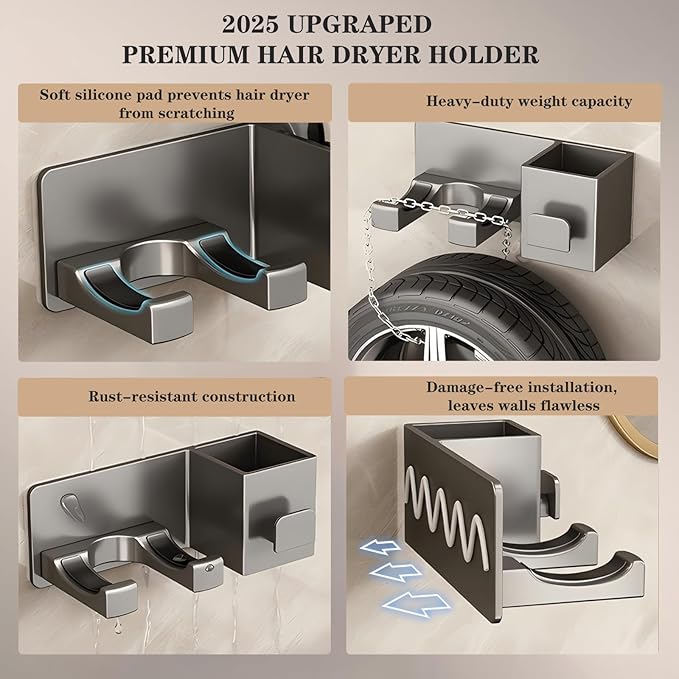 Hair Dryer Holder Wall Mounted, Blow Dryer Holder for Salon, Bedroom, Bathroom Storage, Multi-Functional Bathroom Wall Shelves Hair Tools Organizer for Hairdryers Hairbrush - No Drilling Needed