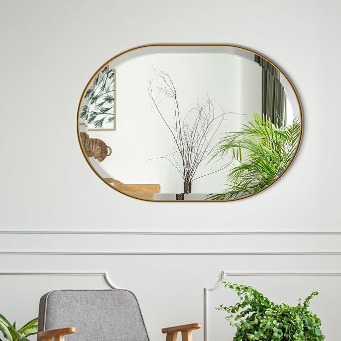 POZINO Oval Mirror Over Sink, Brushed Gold Beveled Bathroom Mirror, 22"x30" Vanity Wall Mirrors with Stainless Steel Frame, Brass Modern Rounded Mirrors for Bedroom Living Room Entryway