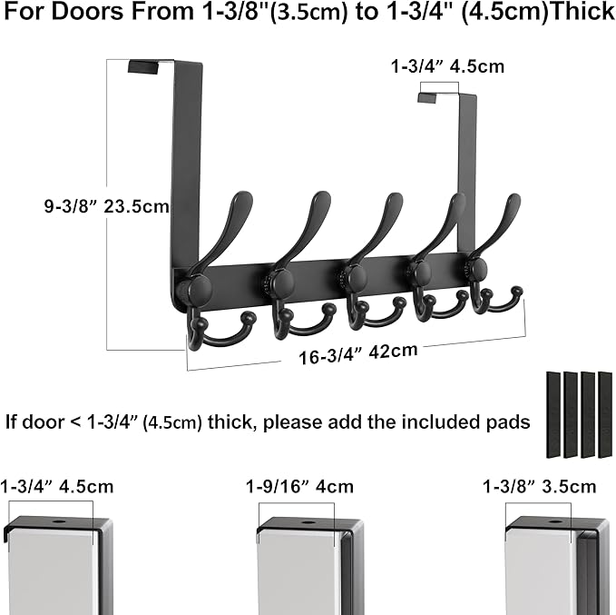 Dseap Over Door Hook 2.0 - Upgraded Version - Simple-Assembly, Strong, Heavy-Duty Stainless Steel 5-Tri-Hook Over The Door Hanger Rack, SimpleStrong Series, Black, Pack of 2