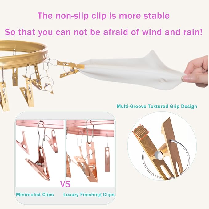 Underwear Hanger for Drying with 26 Non-Slip Clips - Aluminum Hanging Drying Rack for Socks, Lingerie & Baby Clothes | Oval Design & Wind-Resistant Hooks (Rose Gold) - 2 Pack