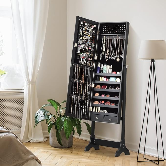 COSTWAY Standing Jewelry Armoire Cabinet, 4-Angle Tilting Jewelry Organizer with Full-Length Mirror and Large Storage Capacity, Lockable Jewelry Cabinet for Bedroom, Dressing Room (Black)