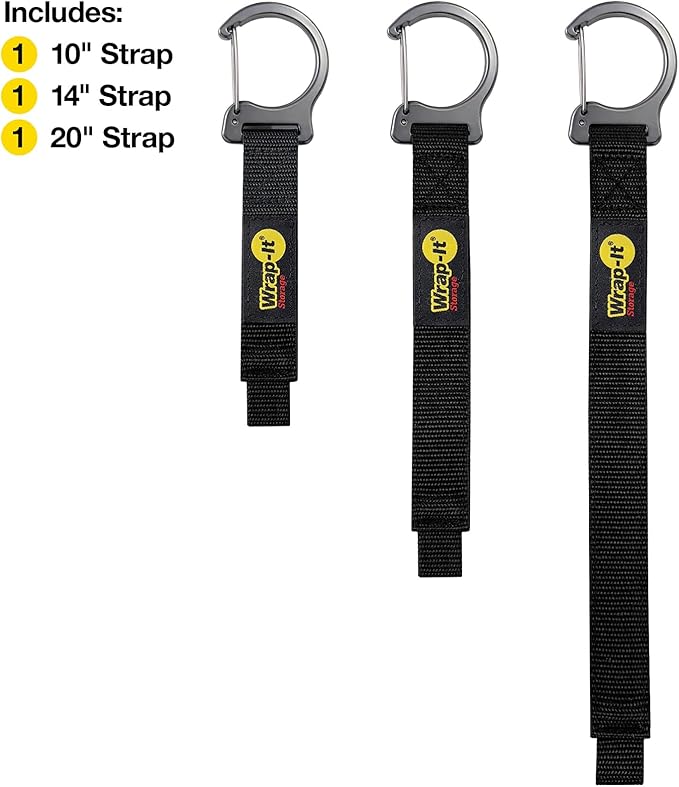 Wrap-It Storage Quick Clips - Assorted 3-Pack Black - Cable Straps with Metal Clips for Hanging Garage Accessories and Extension Cord or Hose Hanger