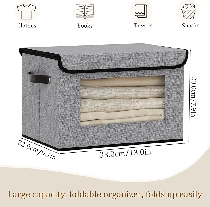 Foldable Storage Baskets with Lids, Fabric Closet Organizers with Handles, 13 x 9.1 x 7.9 Inch Storage Boxes for Shelves, Gray, 5-Pack
