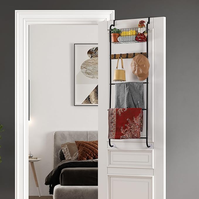 Over The Door Towel Rack Behind Door Towel Holder for Bathroom 5 Tier Over The Door Towel Bar with Basket Towel Rack Door Hanger with Hooks for Clothes Toiletries (Brown and Black)