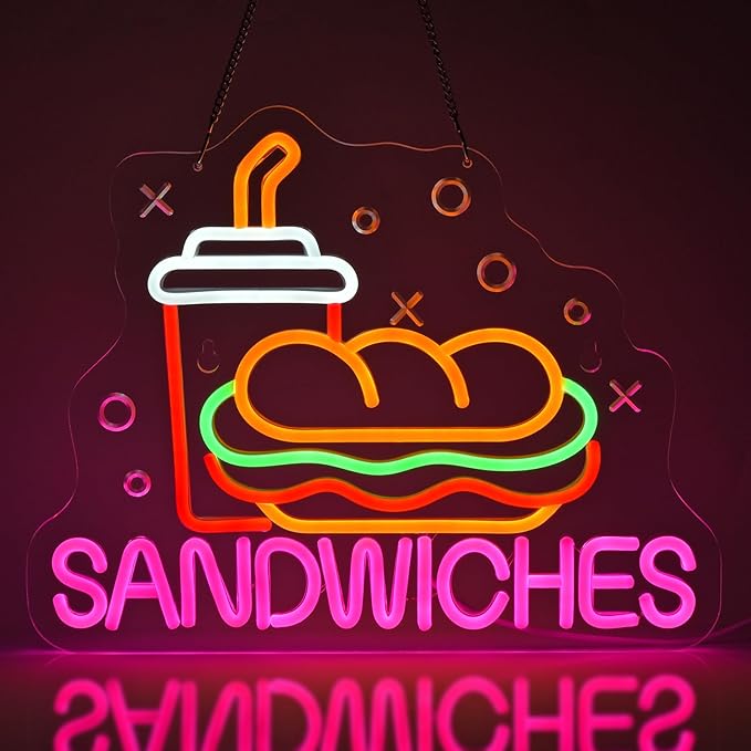 Sandwiches Neon Sign for Wall Decor LED Light up Sign Business Signage for Home Kitchen Restaurant Fast Food Store Man Cave Party 15.7" x 12.6" Led Art Wall Hanging Decorative Gifts