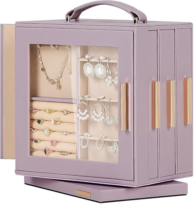 Homde Valentine's Day gifts Jewelry Box 360° Rotating, Necklace Earring Organizer with Transparent Window, Mirror, 7 Drawers, Large Ring Display Storage Case for Girls Women (Grey Purple)