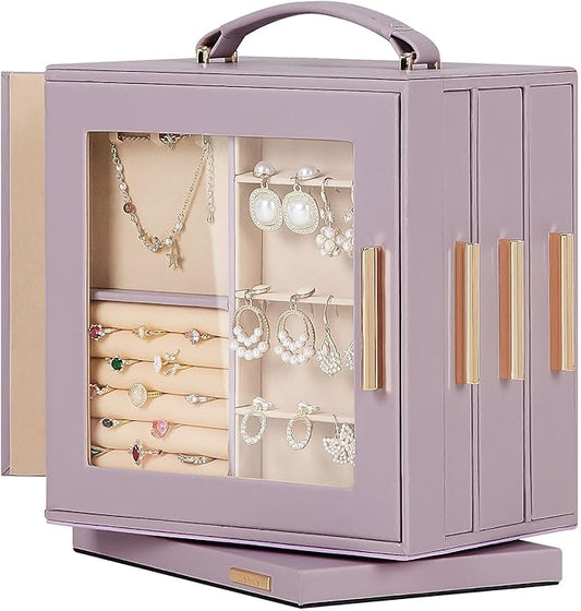 Homde Valentine's Day gifts Jewelry Box 360° Rotating, Necklace Earring Organizer with Transparent Window, Mirror, 7 Drawers, Large Ring Display Storage Case for Girls Women (Grey Purple)