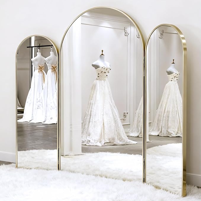 3-Way Full Length Trifold Mirror, 78"x76" Oversized Large Standing Mirror with Aluminum Alloy Thin Frame, for Wedding Dress/Clothing Shop/Closet, Gold