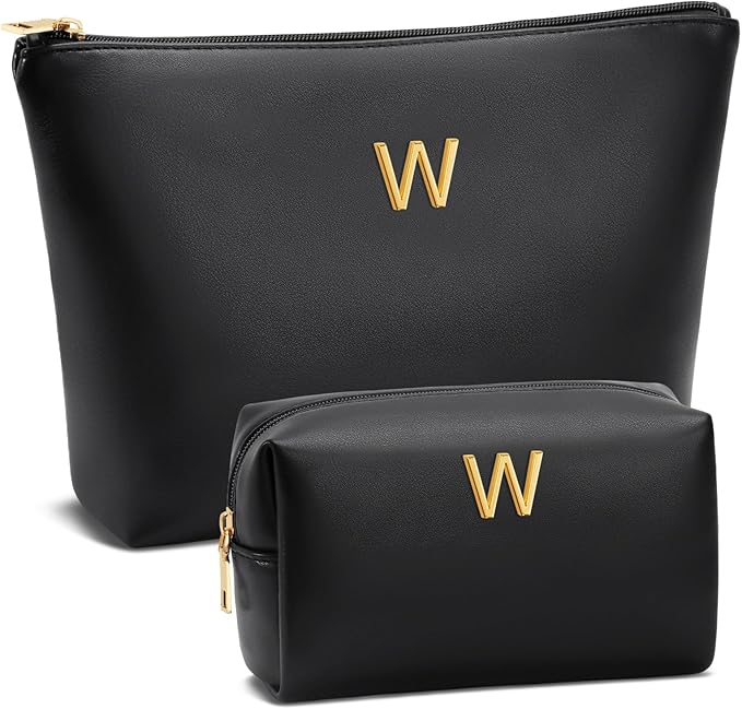 Valentine's Day Gifts for Women Girlfriend Initial Makeup Bag for Teen Girls Personalized Gifts for Friend Teacher Mom Wife Cosmetic Travel Toiletry Bag(Black,W)
