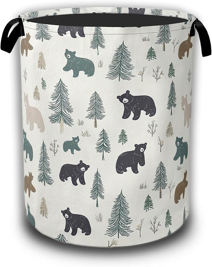 Bear Pine Tree Laundry Basket,Wild Animal Laundry Hamper Waterproof Oxford Cloth Tote Collapsible,Clothes Storage Bucket Decorative Toy Organizer For Bathroom Bedroom 16" x 20.8"
