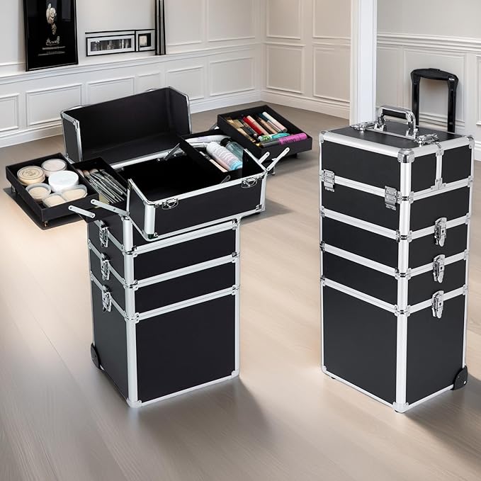 Makeup Rolling Train Case - Professional Cosmetics Organizer with Aluminum Frame, Folding Trays & Wheels, Portable for Travel & Studio (Black)