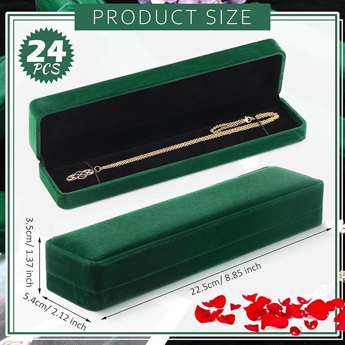 Batiyeer 24 Pcs Velvet Bracelet Box Bulk Jewelry Chain Necklace Box Bracelet Storage Case Long Jewelry Case for Valentine Wedding Pendant Display, 8.86 x 2.13 x 1.38 Inch(Green)