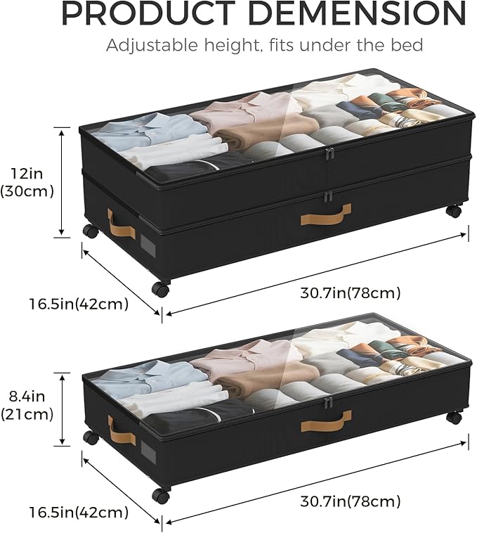 Under Bed Storage with Wheels 2-Pack, 75L XXL Under the Bed Storage Containers Large, 12" Tall Adjustable Storage for Underbed with Lids, Rolling for Shoes, Clothes, Blankets (Black)