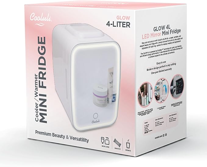 Cooluli Glow 4L Mini Skincare Fridge with Mirror & LED Light - Small Refrigerator for Skin Care, Beauty, Makeup, Cosmetics, Food & Drinks, White