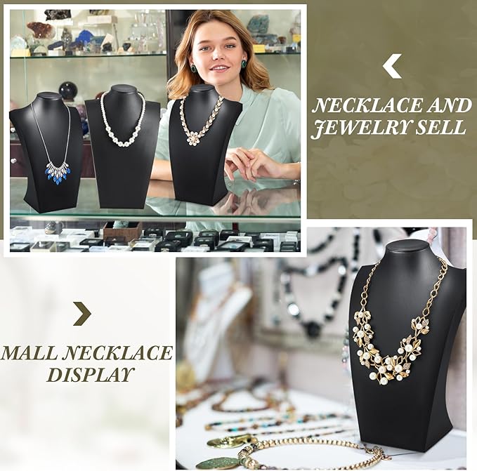 Kigley 3 Pcs Black PU Leather Jewelry Bust Display Stand Necklace Mannequin Holder for Jewelry Displays (13.4 x 8.1 Inch)