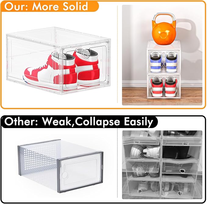 12 Pack Upgrade Harder Shoe Organizer, Shoe Storage with Magnetic Front Door, Clear Shoe Boxes Foldable Space-Saving Shoe Rack for Sneaker Boot Container, White