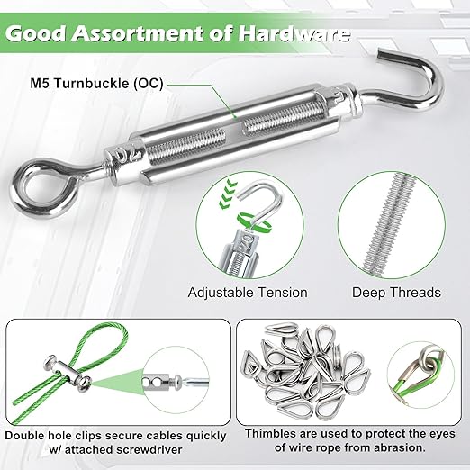 Turnbuckles for Cables Wires, 1/8" X 100Ft Green PVC Coated Cable Kit, Multi-use Wire Rope for Clothesline Wire for T Post/Grape Vine/String Light Hanging Kit