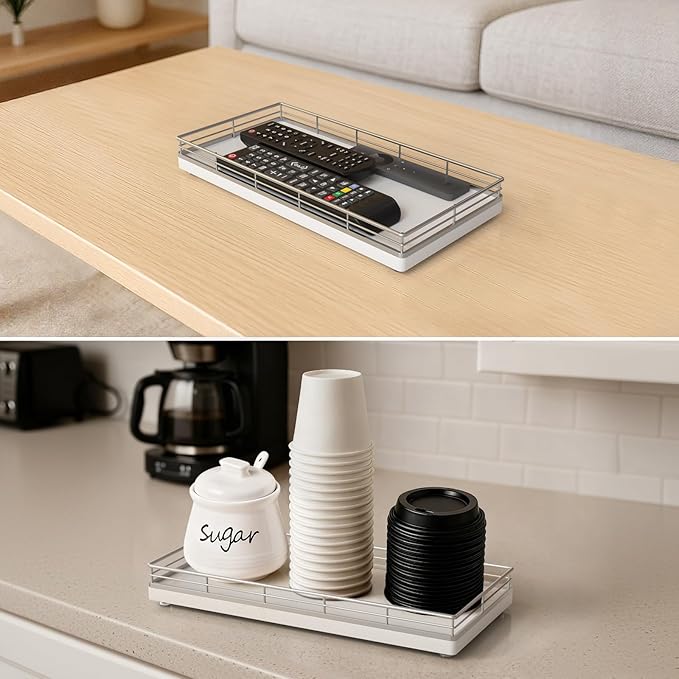 Bathroom Vanity Tray – 12" x 6" Oak Decorative Wooden Tray for Toilet Tank Organizer Wood Tray for Bathroom Countertop, Soap, Perfume & Accessories Storage, Vanity Dresser Decor, Sliver & White