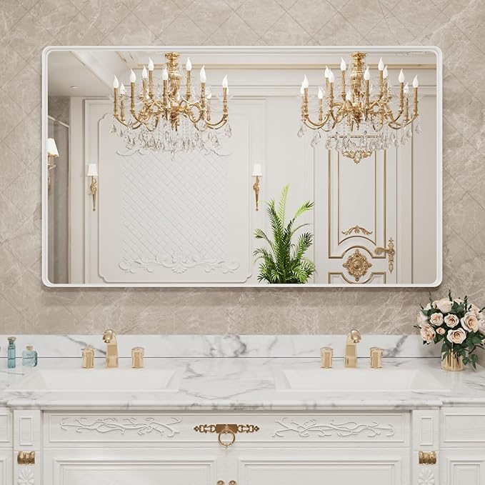 LOAAO 60x28 Inch White Metal Framed Bathroom Mirror for Wall, White Bathroom Vanity Mirror Farmhouse, Large Rounded Rectangle Mirror, Anti-Rust, Tempered Glass, Hangs Horizontally or Vertically