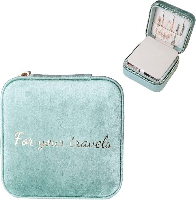 Customizable Compact Velvet Jewelry Box with Mirror, Travel Jewelry Case, Travel Jewelry Organizer, Jewelry Box for Women and Girls, Small Jewelry Organizer (Center Text, Mint Green)