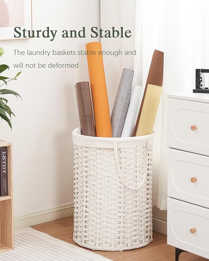 Laundry Basket Round Rattan Laundry Hamper 29.1 Gal(110 L) Handwoven Large Wicker Basket with Handles, Wicker Hamper with Removable Bags and 2 Mesh Bags for Bathroom Living Room White(No Lid)