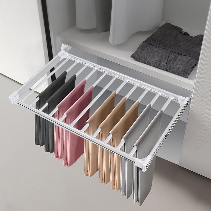 11 Arms Slide Out Pants Rack Closet Pants Hanger Bar Pull Out Trousers Rack Tie Belts Scarf Racks, Top Mounted Wardrobe Clothes Organizers Rail Pull Out Closet Storage Rod-Silver White