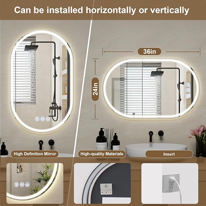 BEAUTYPEAK 36x24 LED Oval Bathroom Mirror with Lights, Anti-Fog, Dimmable, Backlit + Front Lit, Lighted Bathroom Vanity Mirror for Wall, 3 Colors, Memory Function, Tempered Glass, Shatter-Proof